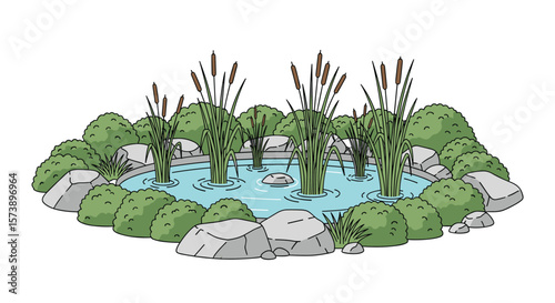 A beautifully landscaped garden pond featuring lush greenery rocks and tall cattails creating a serene natural oasis
