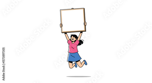 Young person joyfully holding up empty square frame for announcement or information display