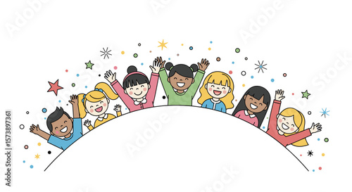 Diverse group of cheerful children celebrating with confetti and stars above them representing joy and success