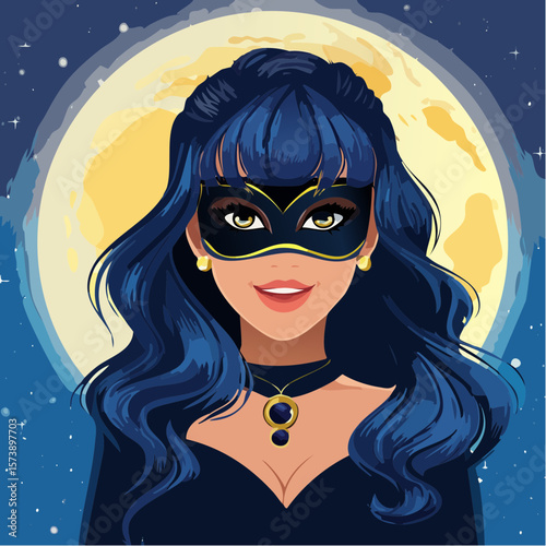 Vector anime Catwoman with moonlit background, showing her silhouette against a full moon, her eyes glowing brightly through her mask, creating a mysterious and powerful vibe