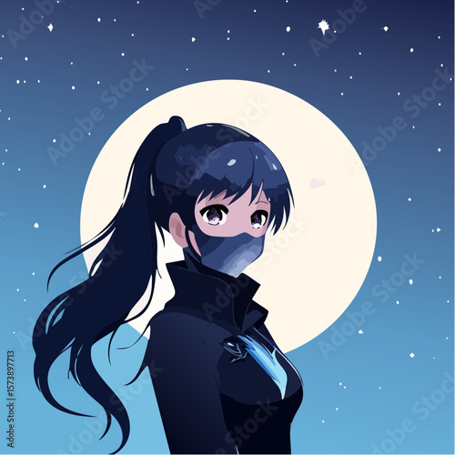 Vector anime Catwoman with moonlit background, showing her silhouette against a full moon, her eyes glowing brightly through her mask, creating a mysterious and powerful vibe