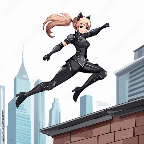 Vector anime Catwoman in a rooftop chase, illustrating her leaping from a building with her cat ears perked, wearing a form-fitting leather suit, with a cityscape in the background