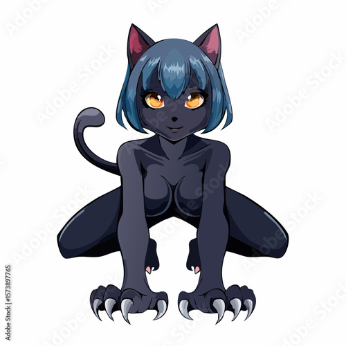 Vector anime Catwoman with cat paws and glowing eyes, featuring her in a crouching position with cat paws on the ground, sharp claws out, and eyes glowing with a mischievous intent