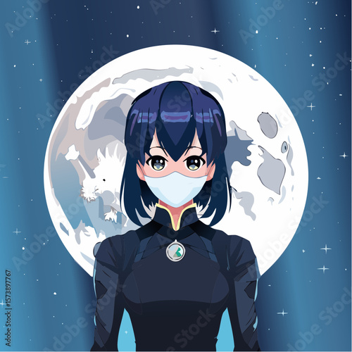 Vector anime Catwoman with moonlit background, showing her silhouette against a full moon, her eyes glowing brightly through her mask, creating a mysterious and powerful vibe