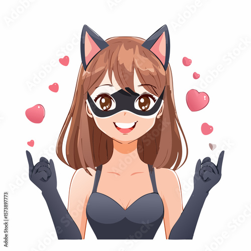 Vector anime Catwoman with a mischievous smile, showing her in a playful pose, wearing a classic cat mask and gloves, with a subtle smirk that adds to her mysterious allure