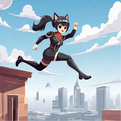 Vector anime Catwoman in a rooftop chase, illustrating her leaping from a building with her cat ears perked, wearing a form-fitting leather suit, with a cityscape in the background