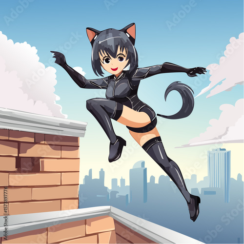 Vector anime Catwoman in a rooftop chase, illustrating her leaping from a building with her cat ears perked, wearing a form-fitting leather suit, with a cityscape in the background