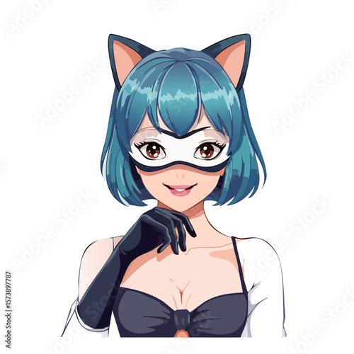 Vector anime Catwoman with a mischievous smile, showing her in a playful pose, wearing a classic cat mask and gloves, with a subtle smirk that adds to her mysterious allure