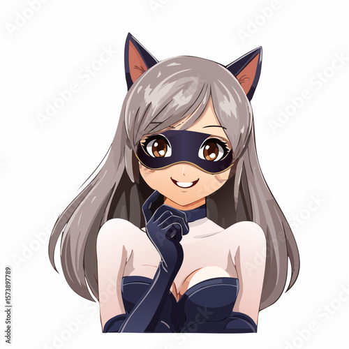 Vector anime Catwoman with a mischievous smile, showing her in a playful pose, wearing a classic cat mask and gloves, with a subtle smirk that adds to her mysterious allure