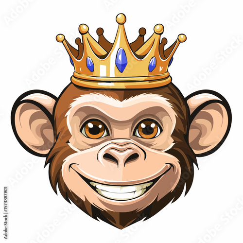 Vector cartoon character of a mischievous monkey wearing a crown, showing a cheeky monkey with a crown on its head and a mischievous grin, ideal for a playful and royal-themed T-shirt