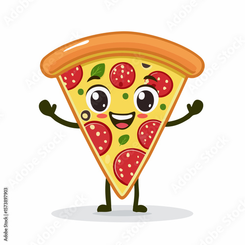 Vector cartoon character of a happy pizza slice with arms and eyes, striking a fun pose while holding a slice of pizza, designed for food lovers and casual wear