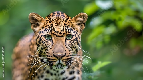 A close-up of a leopard with intense green eyes, capturing the wild beauty and strength of this majestic predator
