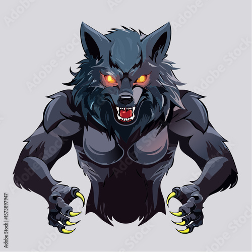 Vector anime werewolf warrior with a battle axe, featuring a muscular werewolf with a fierce expression, wearing tattered clothes and holding a weapon, perfect for a bold, action-packed T-shirt