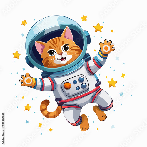 Vector cartoon character of a quirky astronaut cat, floating in space with a space helmet and paws floating, bringing a playful space theme to the T-shirt design
