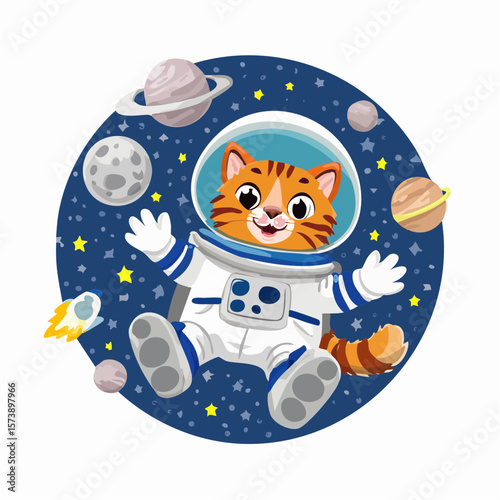 Vector cartoon character of a quirky astronaut cat, floating in space with a space helmet and paws floating, bringing a playful space theme to the T-shirt design