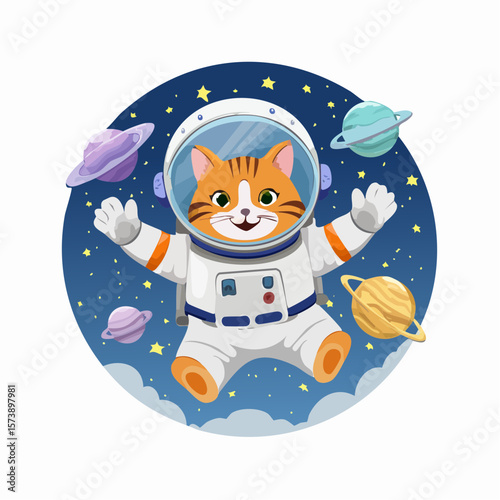 Vector cartoon character of a quirky astronaut cat, floating in space with a space helmet and paws floating, bringing a playful space theme to the T-shirt design