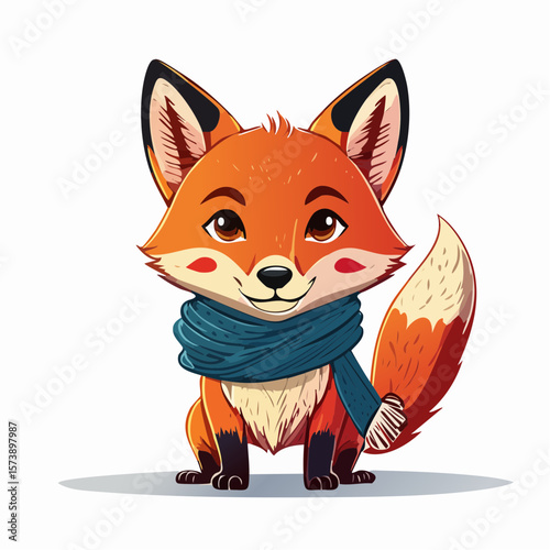 Vector cartoon character of a cool fox with a scarf, wearing a fashionable scarf and a confident expression, designed for a stylish and nature-inspired T-shirt