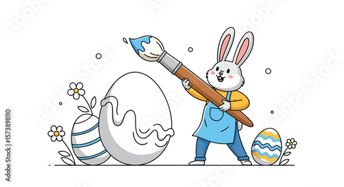 Cute easter bunny painting colorful eggs with a large brush in a festive springtime garden on a bright sunny day