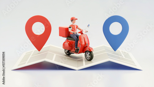 Delivery Service Map: Scooter with Pin Locations - 3D Render