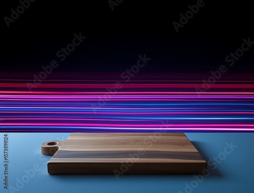 Wallpaper Mural Cutting board display with vibrant colorful light streaks backdrop Torontodigital.ca