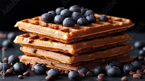 Stack of chocolate chip waffles topped with blueberries.
