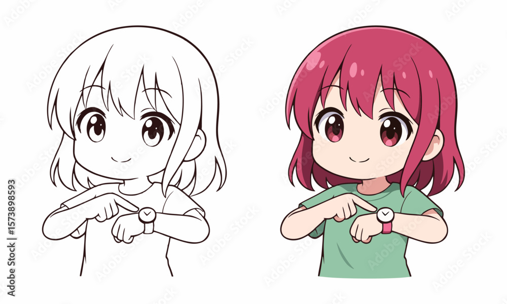 Obraz premium woman looking at watch coloring page for kids