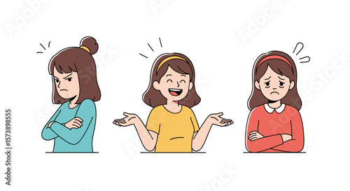 Three girls expressing different emotions one happy and two unhappy with arms crossed and worried