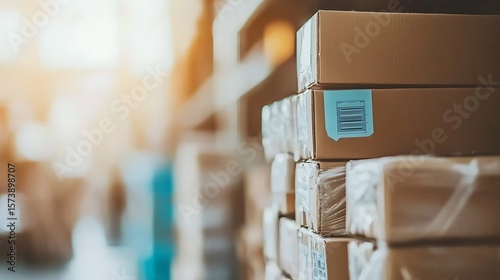 Cardboard boxes stacked in a warehouse.