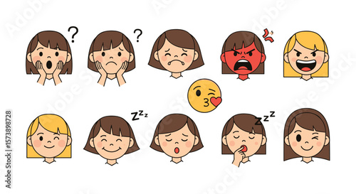 Collection of expressive cartoon faces demonstrating a wide range of human emotions and feelings