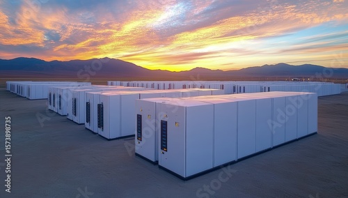 Large outdoor Bitcoin mining farm with rows of white mining rigs set against a vibrant sunset and mountain backdrop.