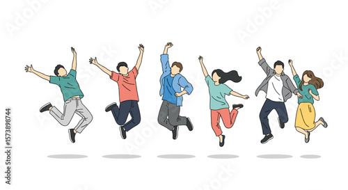 Diverse group of energetic young people celebrating and jumping with joy and excitement outdoors