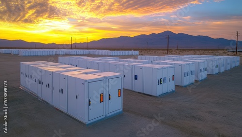 Large-scale battery energy storage facility at sunset in a desert landscape, featuring rows of white modular units with mountains in the background.