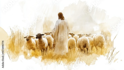 Watercolor painting depicting jesus as caring shepherd, leading peaceful flock through lush meadow, representing divine guidance and spiritual nurturing