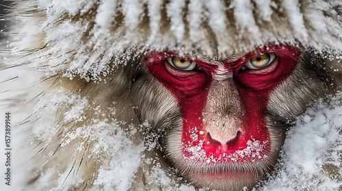 Close-up of a snow monkey's face covered in snow.