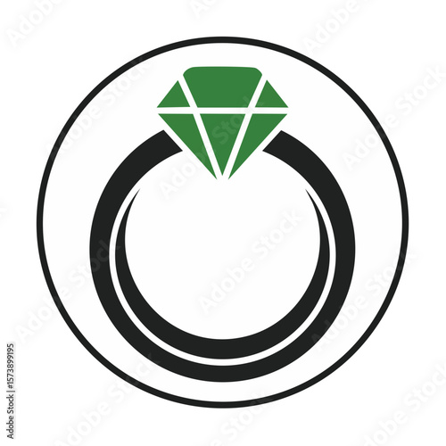 Ring vector graphic with green gemstone on white circle minimal design for wedding or engagement concept