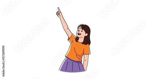 A young person points upwards with excitement and enthusiasm for something happening above them