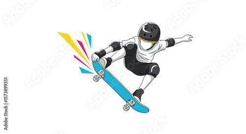 Dynamic skateboarder performing an aerial trick with colorful streaks behind them demonstrating motion and energy