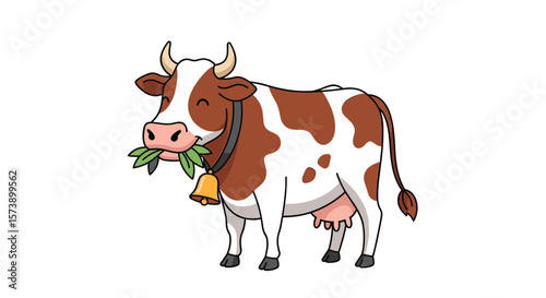 A brown and white cow with a bell around its neck enjoys eating green leaves on a white background