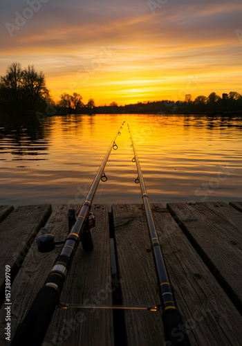 Fishing rods positioned on a weathered wooden pier at sunset over a calm lake. Relaxing tranquil scene with fishing equipment and scenic lakefront.