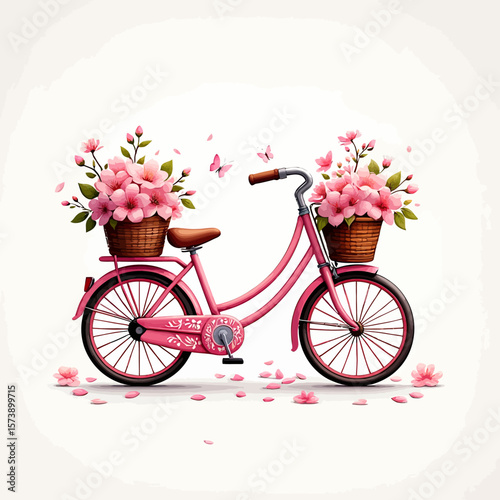 Pink Bicycle Adorned with Delicate Pink Flowers and Butterflies