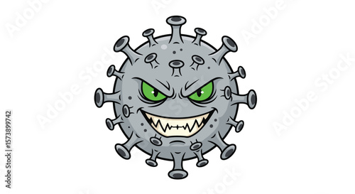 An illustration of a menacing cartoon virus with sharp teeth and glowing green eyes