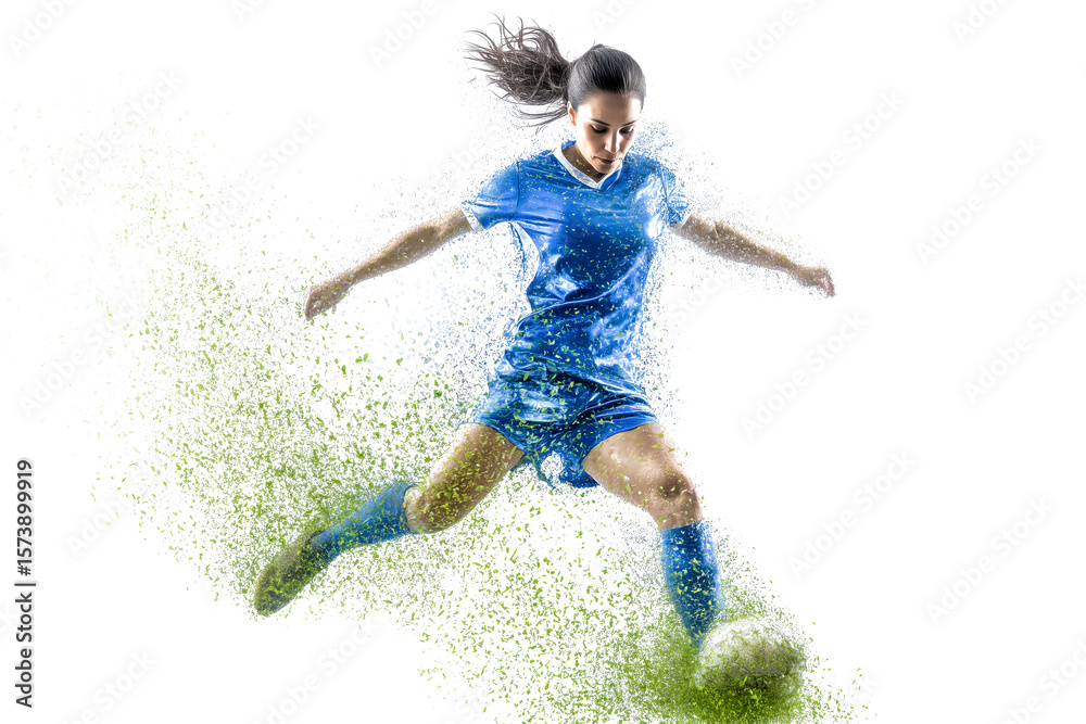 Female soccer player kicking a ball with dynamic motion and vibrant dust effect. Female soccer player kicking a ball with dynamic motion and vibrant dust effect.