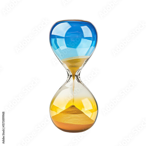 Hourglass with blue and tan sand.  Tranquil, clear glass.  Time passing