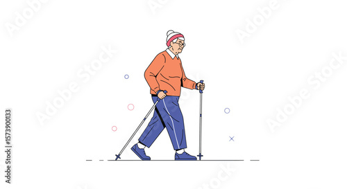 Elderly person with red hat and orange jacket engaged in brisk walking activity using poles for support and balance
