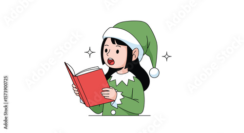 Young girl wearing christmas elf costume enthusiastically reading from an open book under gentle sparkles
