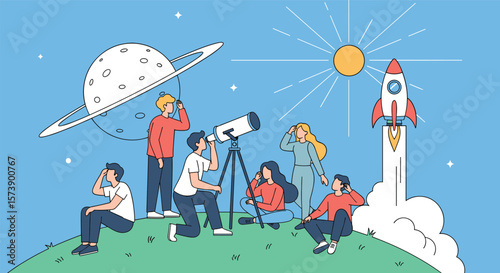 A diverse group of enthusiasts engaged in astronomy and space exploration together enjoying the night sky