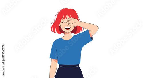 An animated young woman with short red hair and a blue t-shirt peeking through her fingers with a joyful expression