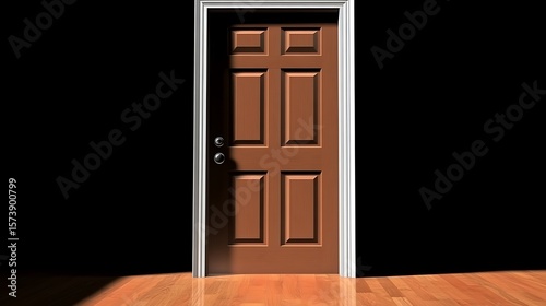 A single, paneled door opens to a dark space.