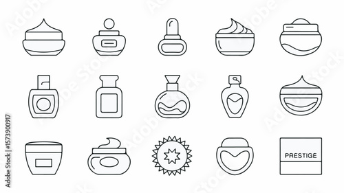 Illustrated outline icons of cosmetic products including cream jars bottles and prestige branding