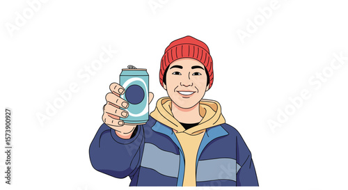 Young man in winter clothing holding up a beverage can with a happy expression and a colorful design on the can with a white background